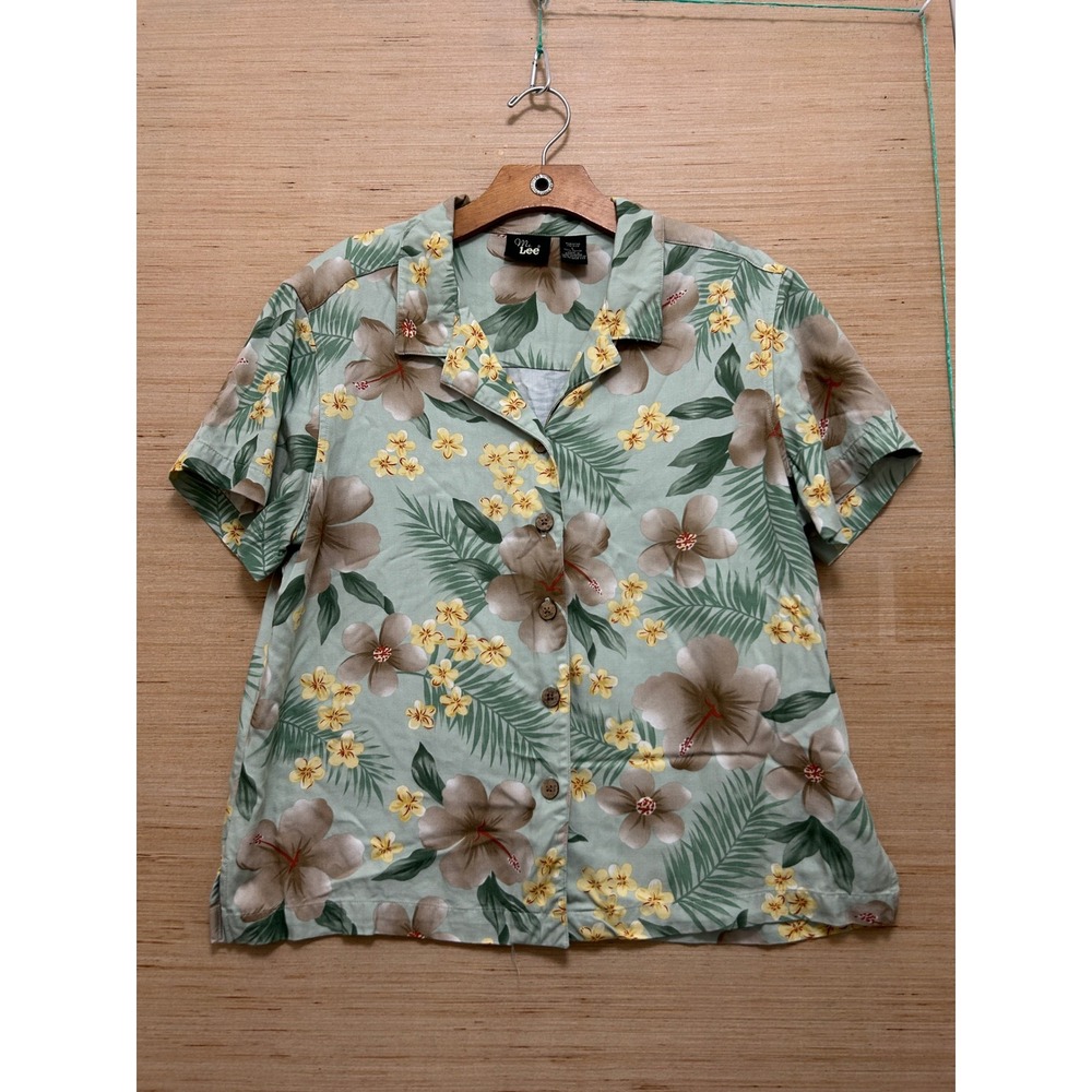 Ms. Lee Womens Sage Green Tropical Hibiscus Rayon Button Down Shirt‎ Large